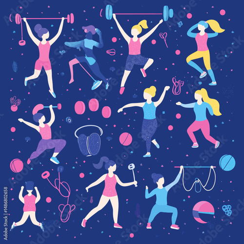 A dark blue background features a seamless pattern of happy girls engaging in sports and amusing sleeping cats
