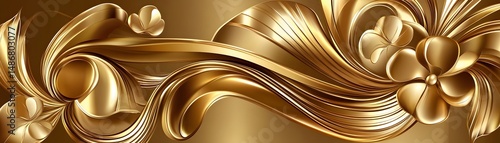 Ornate gold design with flowing lines and decorative flowers.