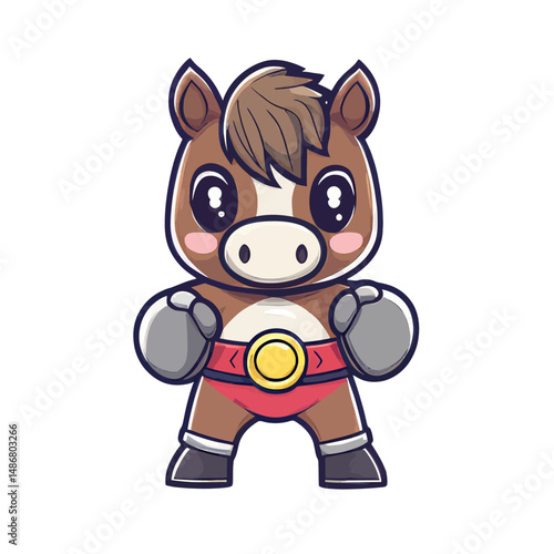 A cute horse wearing a boxer costume and a champion belt is depicted in an isolated animal cartoon concept