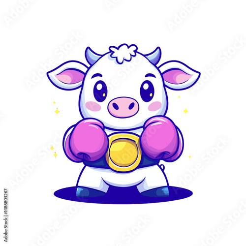 A cute cow wearing a boxer costume and champion belt is depicted in an isolated animal cartoon concept