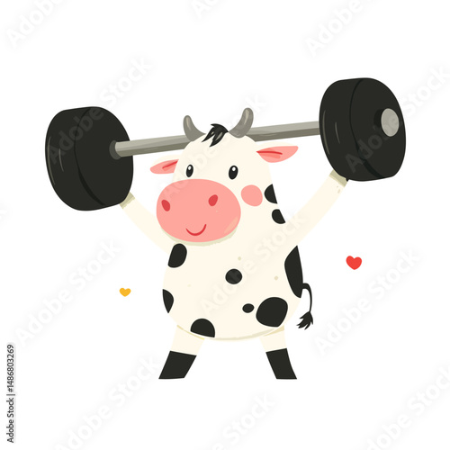 The cute cow is depicted lifting a barbell in an isolated animal cartoon concept