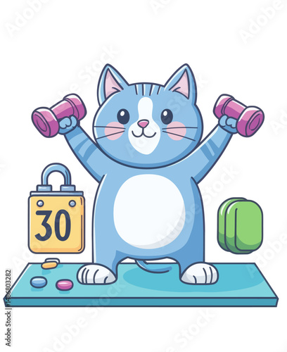 A happy cat who is cute participates in sports, as depicted in a modern flat illustration related to sports equipment