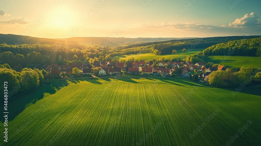 Fototapeta premium Panoramic view of a rural village at sunset.