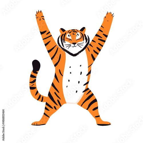 A contemporary isolated concept featuring a flat animal character, where a Chinese tiger adopts a relaxing posture and performs Mountain Pose in a yoga class, a fundamental exercise suitable for