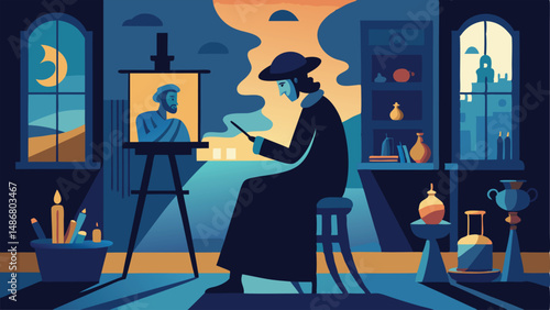 Silhouette Illustration of a Renaissance Artist at Work with Brush in Hand