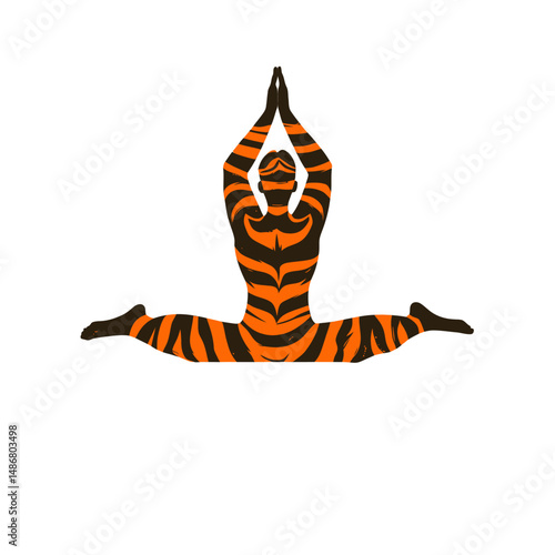 A contemporary isolated flat concept featuring an animal character, where an Amur tiger adopts a relaxing posture and performs a bridge pose in a yoga class, a fundamental exercise suitable for