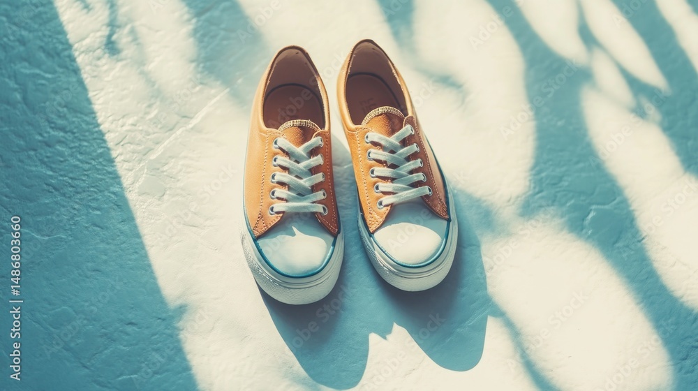 Naklejka premium Stylish orange casual shoes sunlight textured background