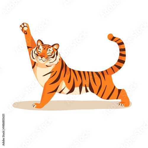 A modern flat illustration features an isolated animal character practicing yoga, with a Korean tiger mastering the arm balancing Side Plank Pose, a basic sports exercise suitable for beginners