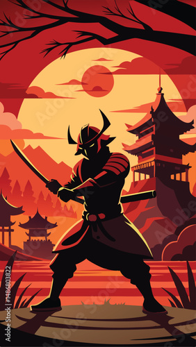 Silhouette of a Samurai Preparing for Battle Against the Sunset