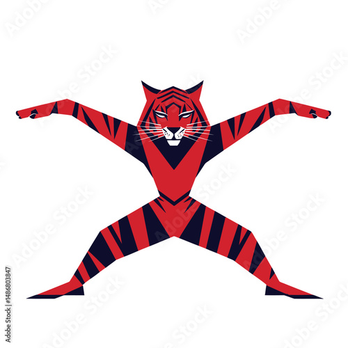 A contemporary isolated concept featuring a cartoon animal practicing yoga's Natarajasana, also known as the Lord of the Dance Pose, with a Korean tiger as the main subject, set against a geometric