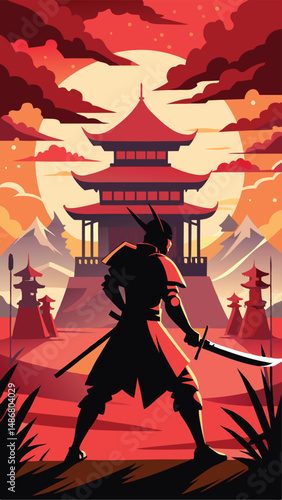 Serene Silhouette of a Samurai Preparing for Battle