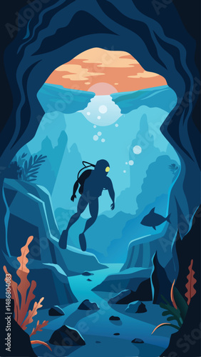 Silhouette of an Underwater Explorer Embarking on a Mysterious Dive