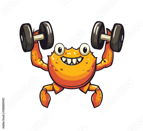 A cartoon crab is depicted lifting weights in a sports-themed illustration, isolated and created in a flat style suitable for premium logo design, sticker, or icon, featuring a modern mascot