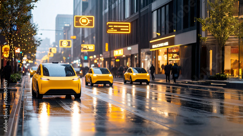 A wet city street lined with illuminated storefronts and tall buildings features multiple yellow autonomous cars in motion. Pedestrians walk along the sidewalks, reflecting a futuristic, tech-driven a
