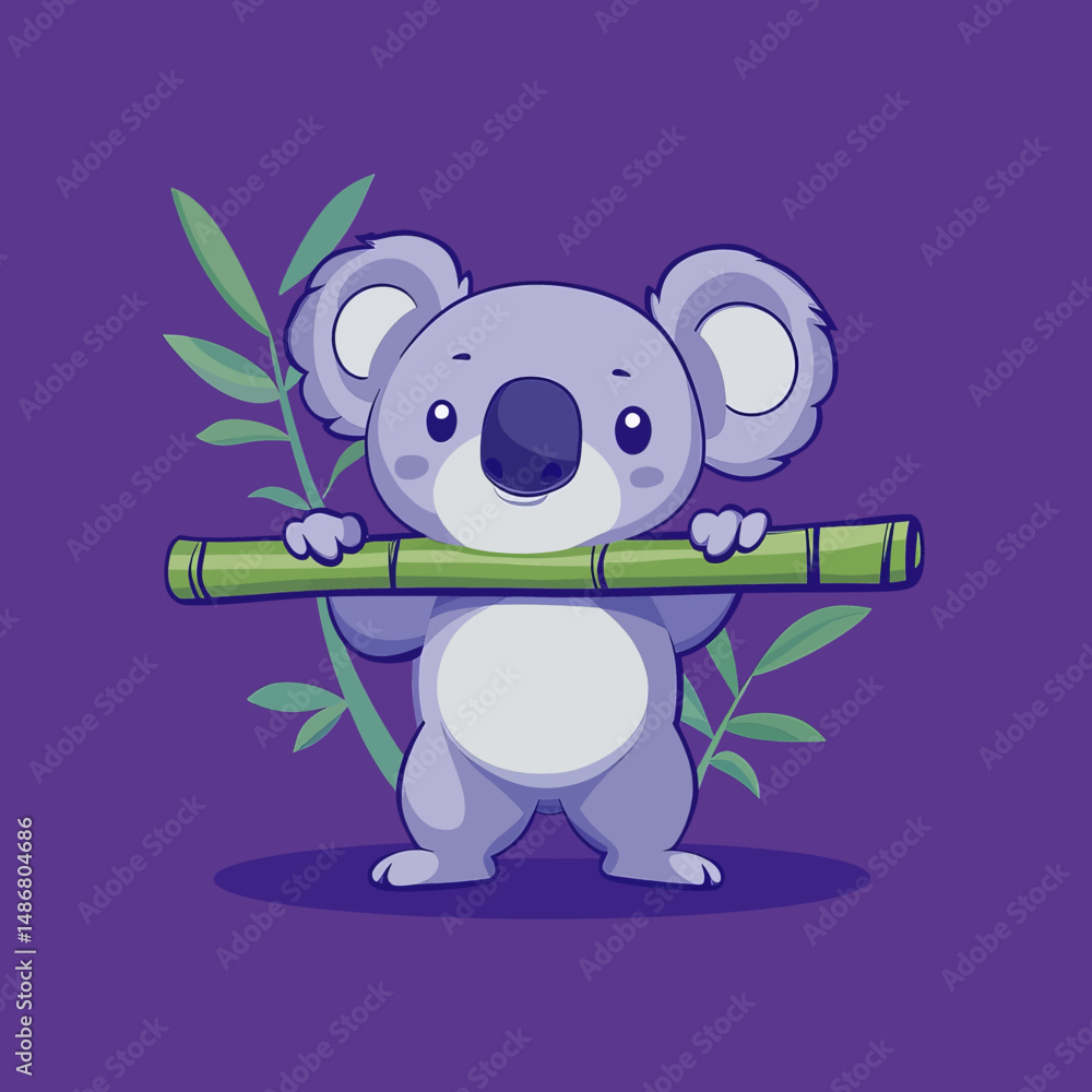 Fototapeta premium Modern cartoon illustration of a cute koala lifting a bamboo barbell, representing a science sport icon concept in a flat style, isolated on a premium modern