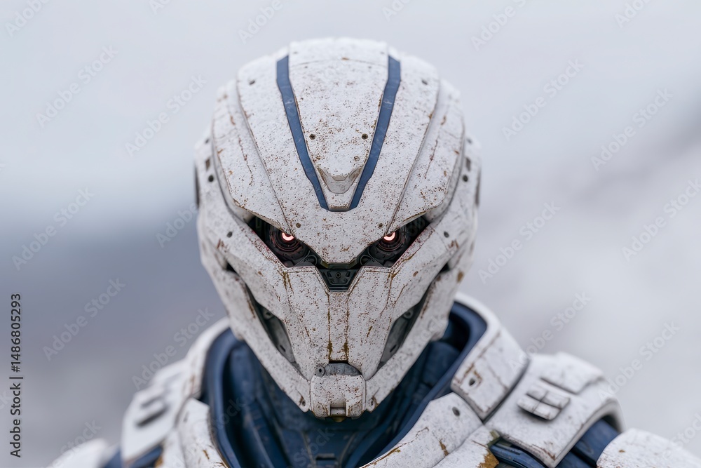 Fototapeta premium Futuristic Robot AI Cyborg Close up White Armor Red Eyes Science Fiction Technolog