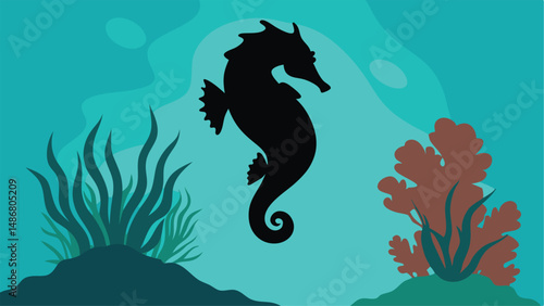 Silhouette of a Sea Horse Gracefully Clinging to Coral Reef