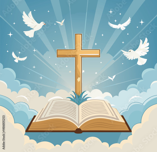 A golden cross rises above an open book, symbolizing faith and inspiration.
