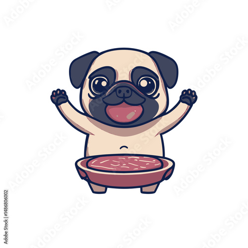 Illustration of a cute pug dog lifting a meat barbel in kawaii chibi character mascot outline style design