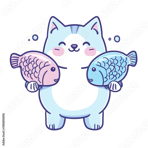 Chibi character mascot illustration in outline style featuring a cute raccoon lifting fish barbel food in kawaii design