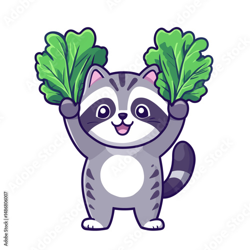 Illustration of a cute raccoon lifting a vegetable barbel in kawaii chibi character mascot outline style design
