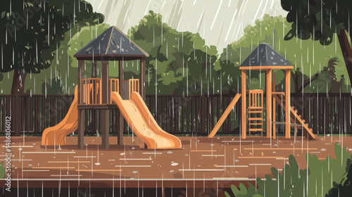 Downpour in urban park with playground equipment patterns in flat design illustration
