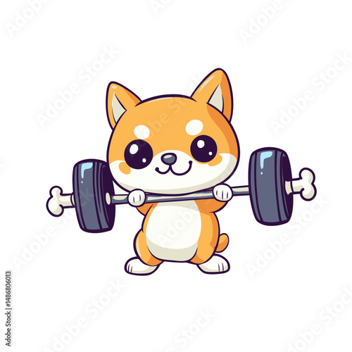 Illustration of a cute shiba inu dog lifting a bone in a kawaii chibi character mascot design with an outline style and barbel food theme