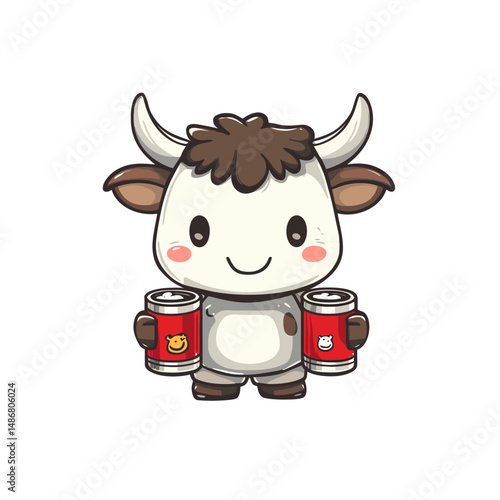 Kawaii chibi character mascot illustration of a cute cow lifting milk in barbel food outline style design