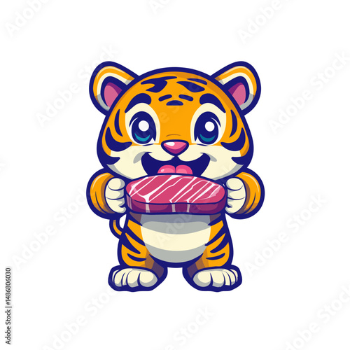 Chibi character mascot illustration of cute tiger lifting barbel food in kawaii outline style design