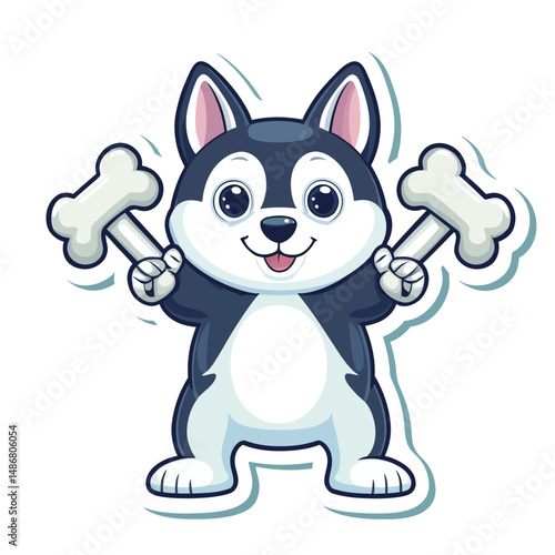 Chibi character mascot illustration in outline style featuring a cute dog lifting a bone barbel with kawaii food design