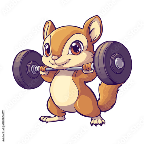 Chibi character mascot illustration of a cute squirrel lifting a nut in a kawaii style with an outline design and barbel food