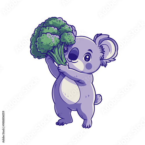 Adorable koala holding vegetable barbel food in a kawaii chibi character mascot illustration with an outline style design