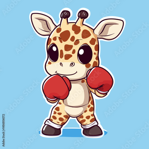 A cartoon giraffe mascot in a flat design style is depicted playing the sport of boxing in an isolated setting, appearing quite funny