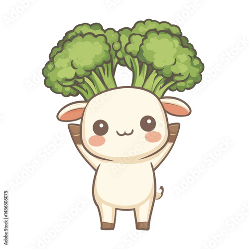 Chibi character mascot illustration of cute goat lifting vegetable barbel food in kawaii outline style design
