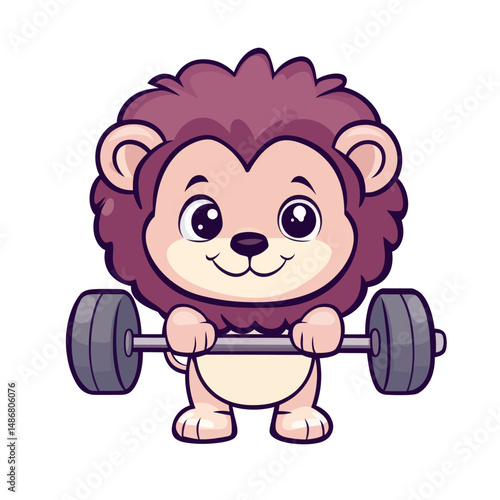 Chibi character mascot illustration of a cute lion lifting a meat barbel in kawaii outline style design