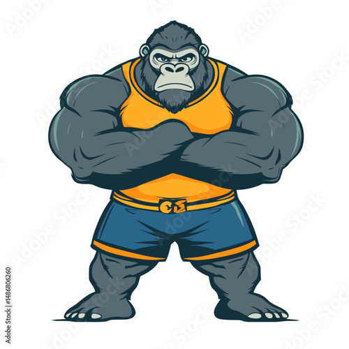 Muscular Gorilla Mascot with Crossed Arms – Angry, Bold Design for Posters, Badges, and Emblems