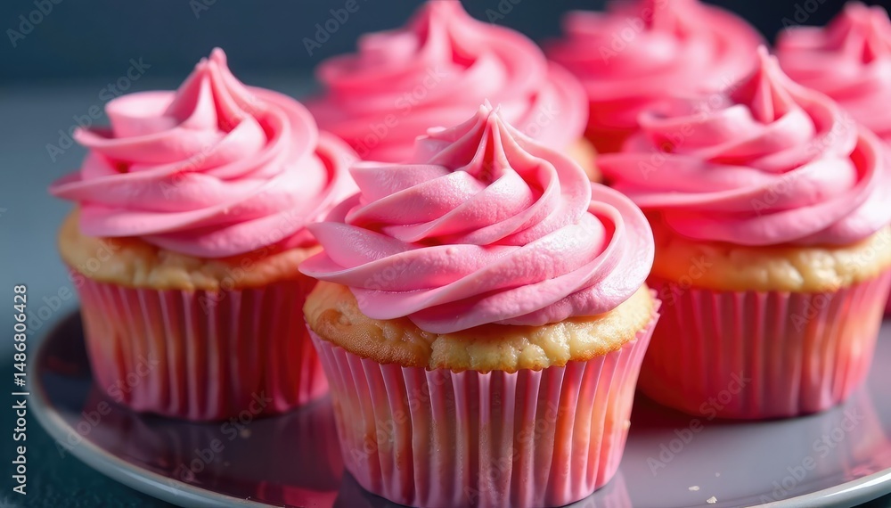 Closeup, vibrant pink cupcakes, vibrant frosting , cherry blossom, whipped cream Closeup, vibrant pink cupcakes, vibrant frosting , cherry blossom, whipped cream