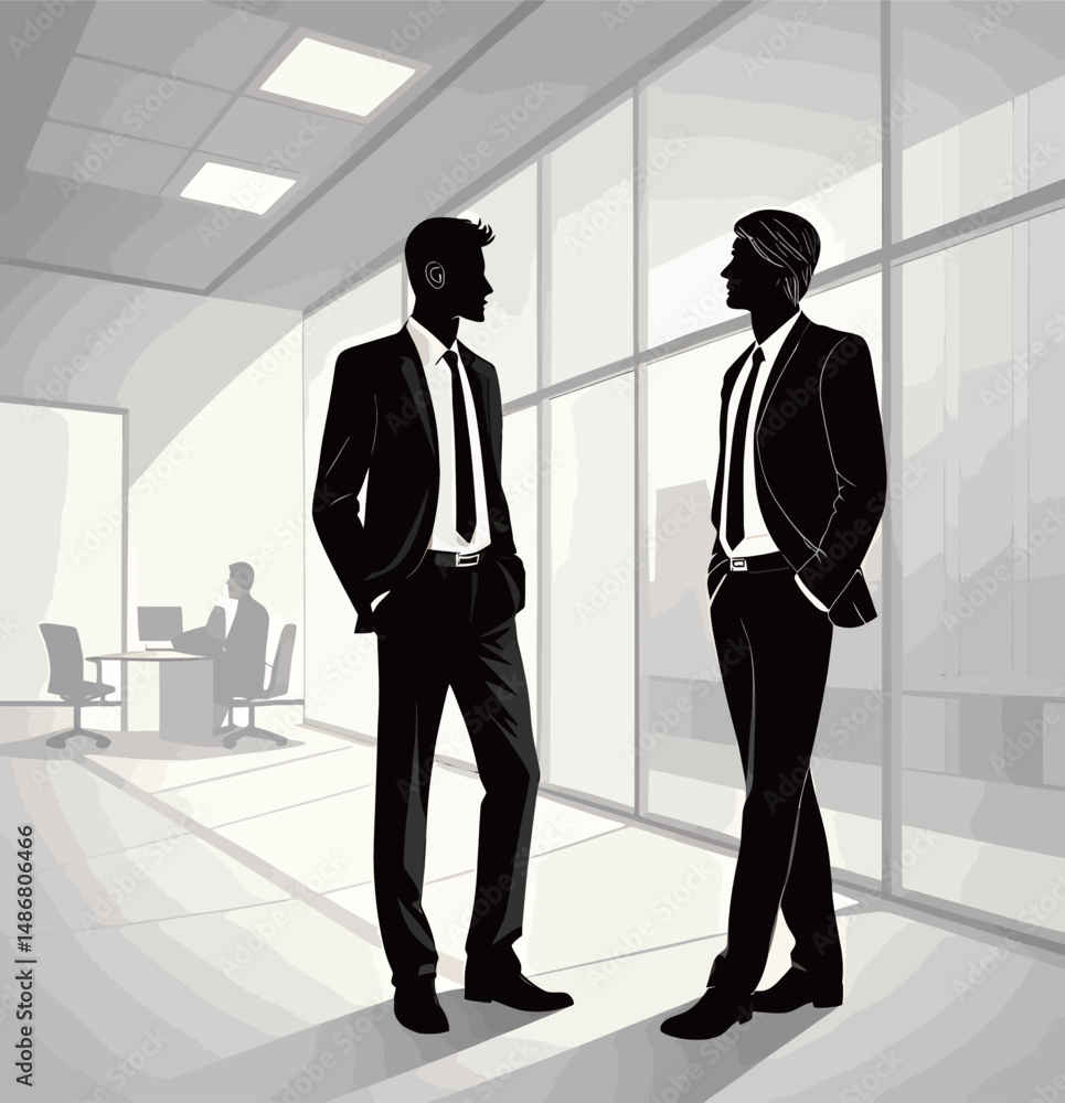 Fototapeta premium Two men in suits having a conversation in a modern office setting.
