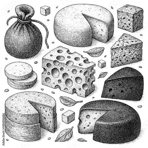 Explore the intricate charm of vintage cheese illustrations showcasing artisanal varieties and delectable textures