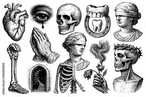 Intricate vintage emblem showcasing an array of symbolic engravings representing life, death, and the human experience in a unique artistic collection