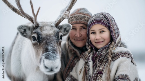 Portrait of Sami people with reindeer in snowy landscape, capturing a cultural connection