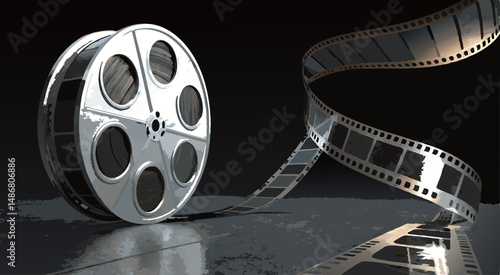 Classic film reel with filmstrip on a dark reflective surface.