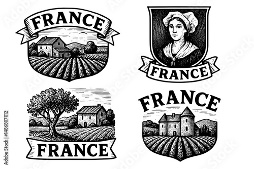 Engraved vintage emblems showcasing French landscapes and traditions in an artistic collection