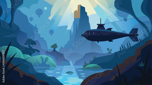 Silhouette Illustration of a Submarine Underwater Exploration Expedition