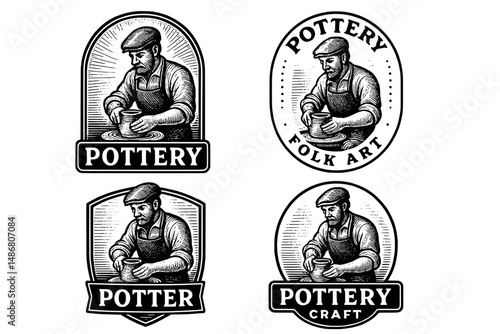 Vintage potter's emblem collection showcasing skilled artisans in craft and creativity with intricate engraving details