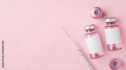 Crimp Top Headspace Vials and Disposable Medical Syringe with white blank label on pink clean background, facial treatment
