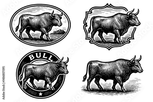 Vintage engraved logo collection featuring majestic bulls in artistic designs illustrating traditional craftsmanship