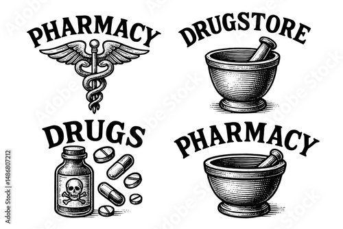 Vintage engraved emblem featuring pharmacy and drugstore elements for a unique collection