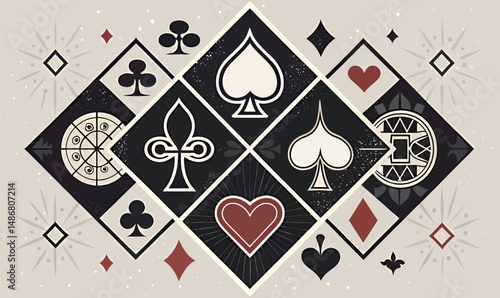 Stylized playing card symbols in red, black, and white on a neutral background.