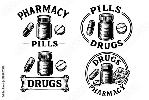 Vintage engraved emblem featuring pharmacy products with pills and capsules showcasing classic design aesthetics for collectors